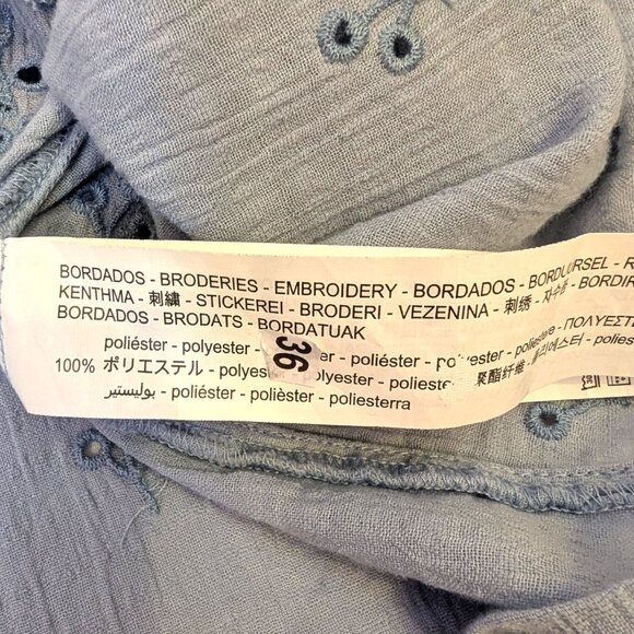 Zara | Cotton Cropped Short Puff Sleeve Light Blue Eyelet Top | Medium - Picture 11 of 12